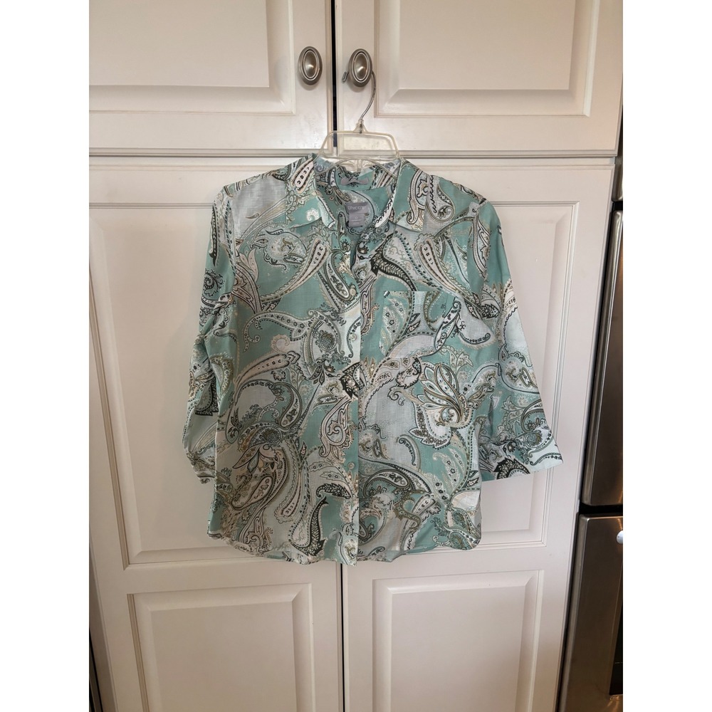 Chicos No Iron 100% Linen Paisley Shirt Aqua Green 3/4 Sleeve Size 0 US 4/6